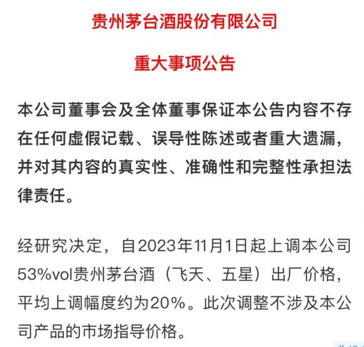 貴州茅臺：53度茅臺酒提價約20%